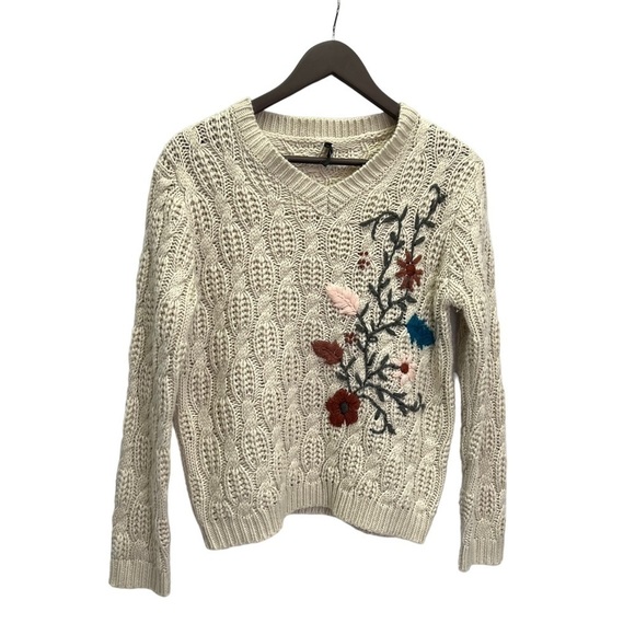 SMASH! Beige Cable Knit V-Neck Sweater Embroidered Flowers Small - Picture 3 of 11
